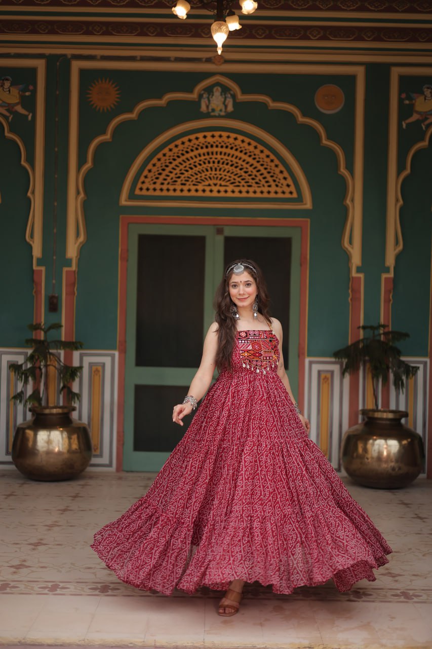 Maroon georgette gown with bandhani print and Kutchi patchwork yoke Gown
