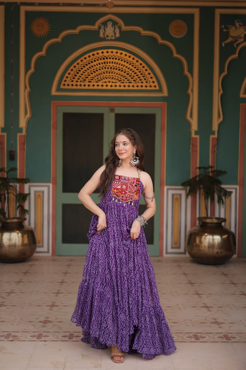 Purple georgette gown with bandhani print and Kutchi patchwork yoke Gown