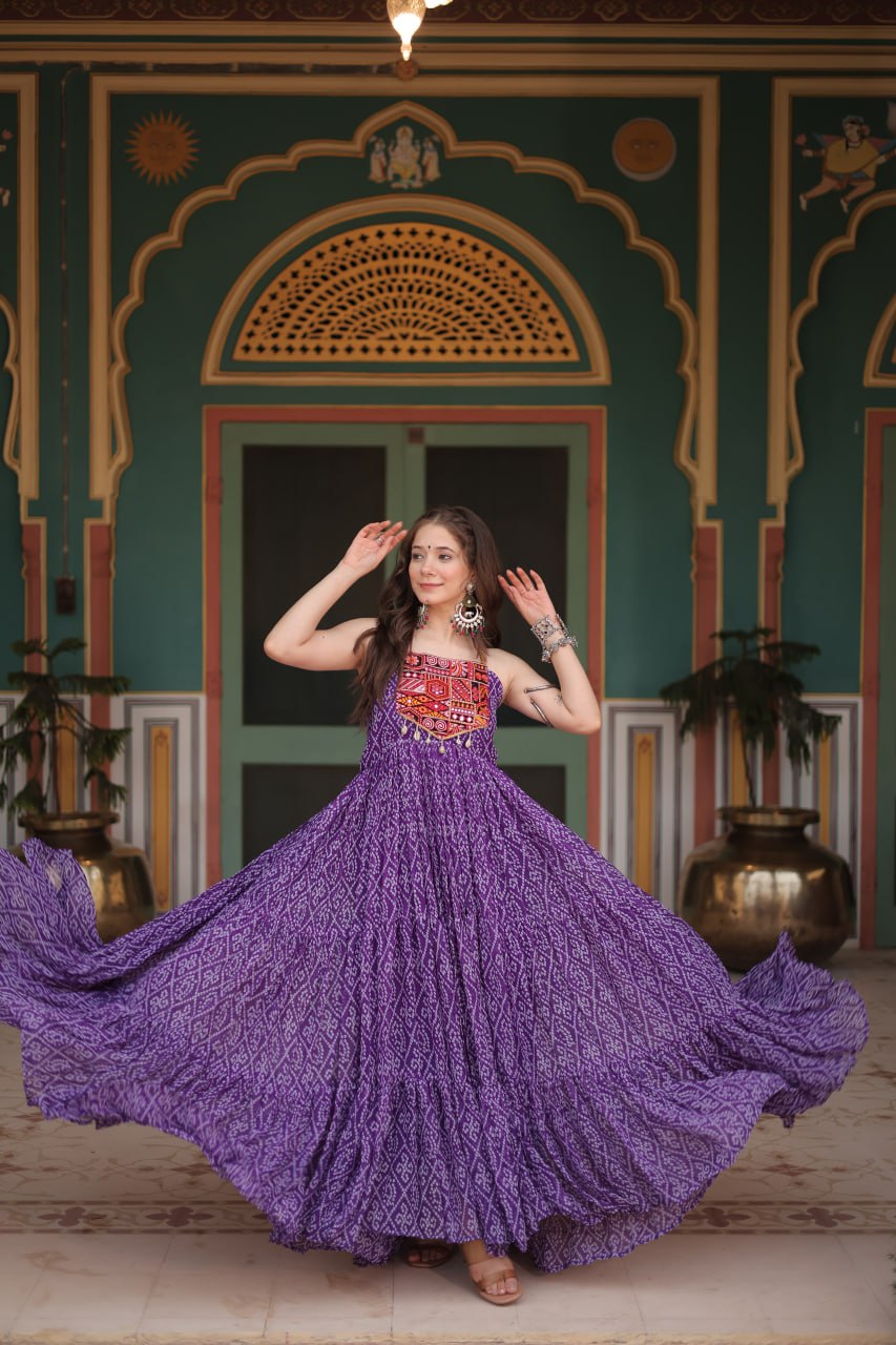 Purple georgette gown with bandhani print and Kutchi patchwork yoke Gown