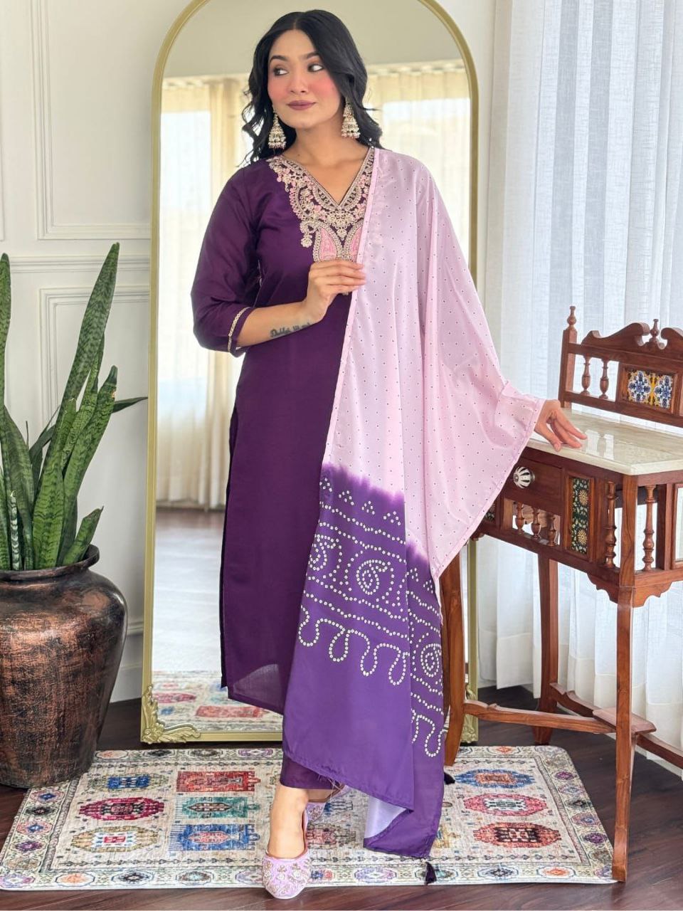 Purple viscose chanderi silk embroidered suit set