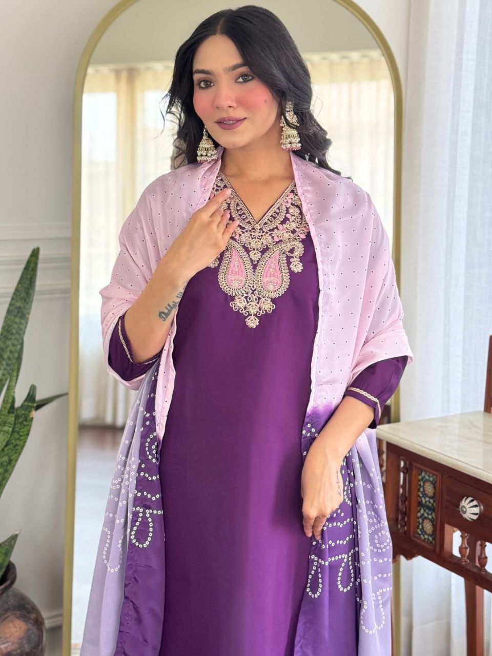 Purple viscose chanderi silk embroidered suit set