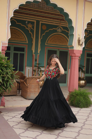 Black rayon gown with Kutchi Gamthi kodi embroidery work Gown