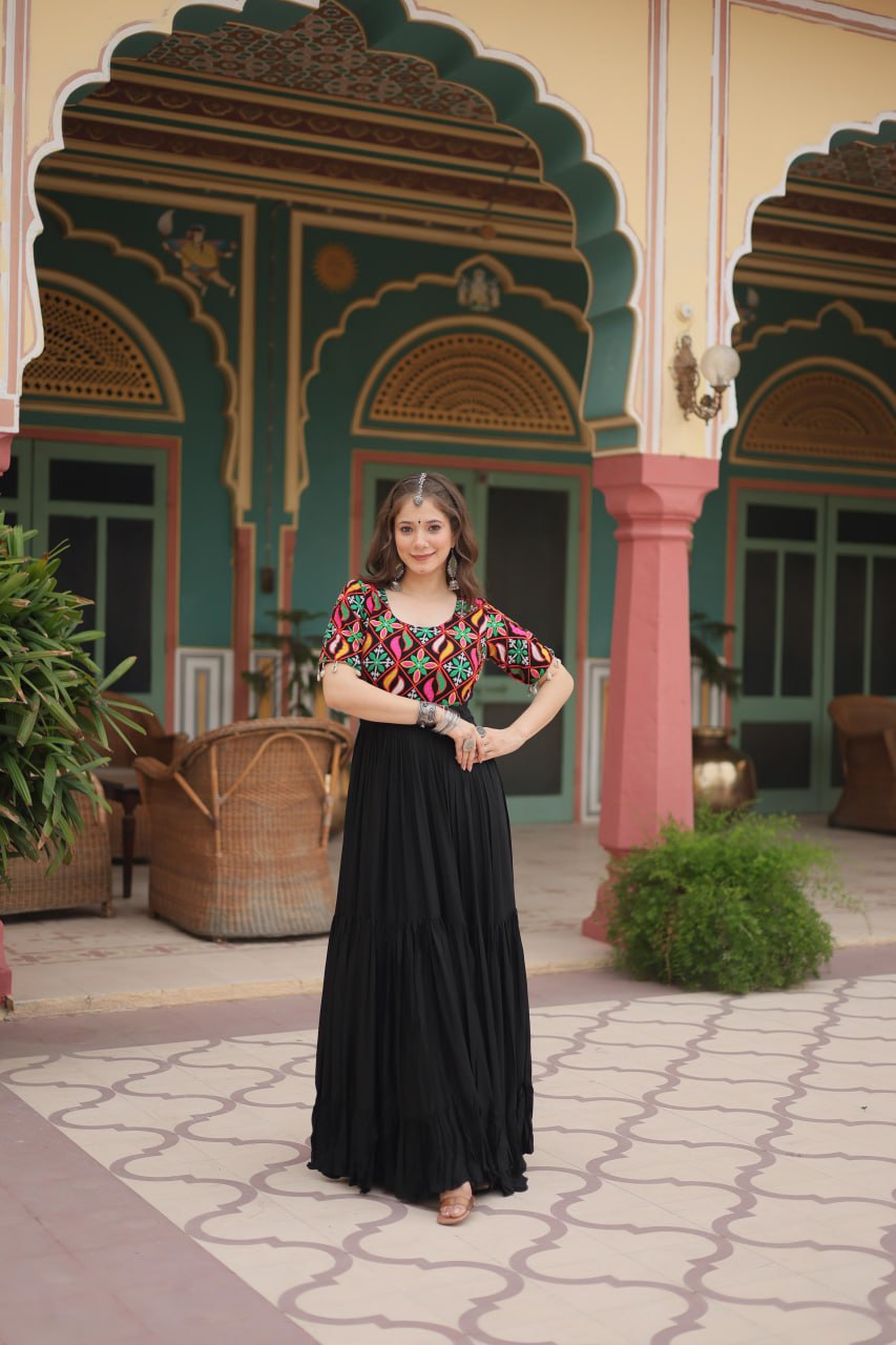 Black rayon gown with Kutchi Gamthi kodi embroidery work Gown