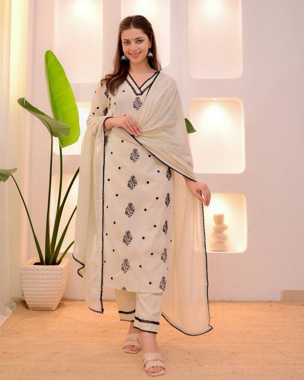 Off white roman silk embroidered suit set with georgette dupatta