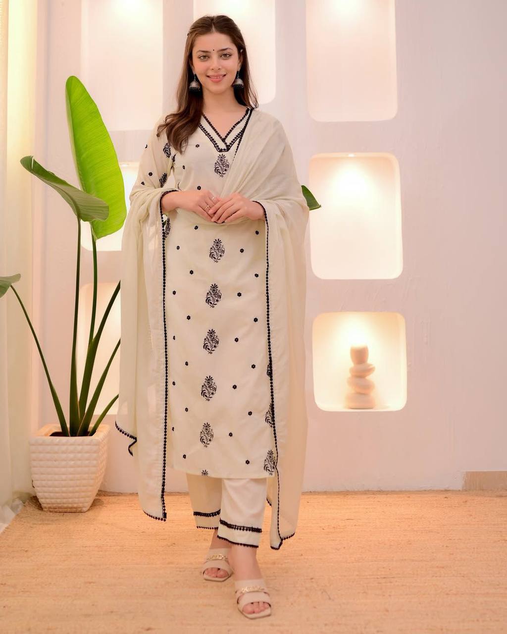 Off white roman silk embroidered suit set with georgette dupatta