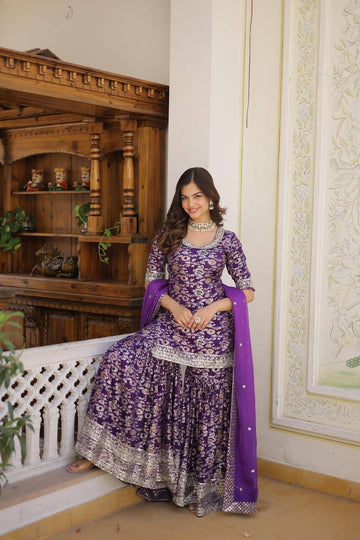 Purple viscose jacquard sequins and zari embroidered sharara Suit Set