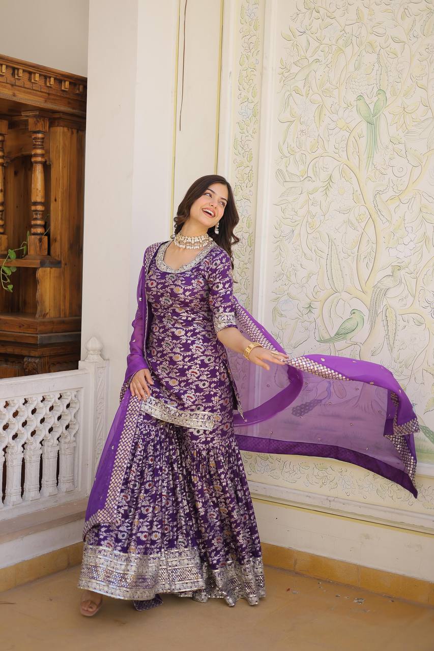 Purple viscose jacquard sequins and zari embroidered sharara Suit Set