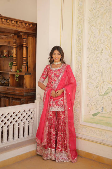 Pink viscose jacquard sequins and zari embroidered sharara Suit Set