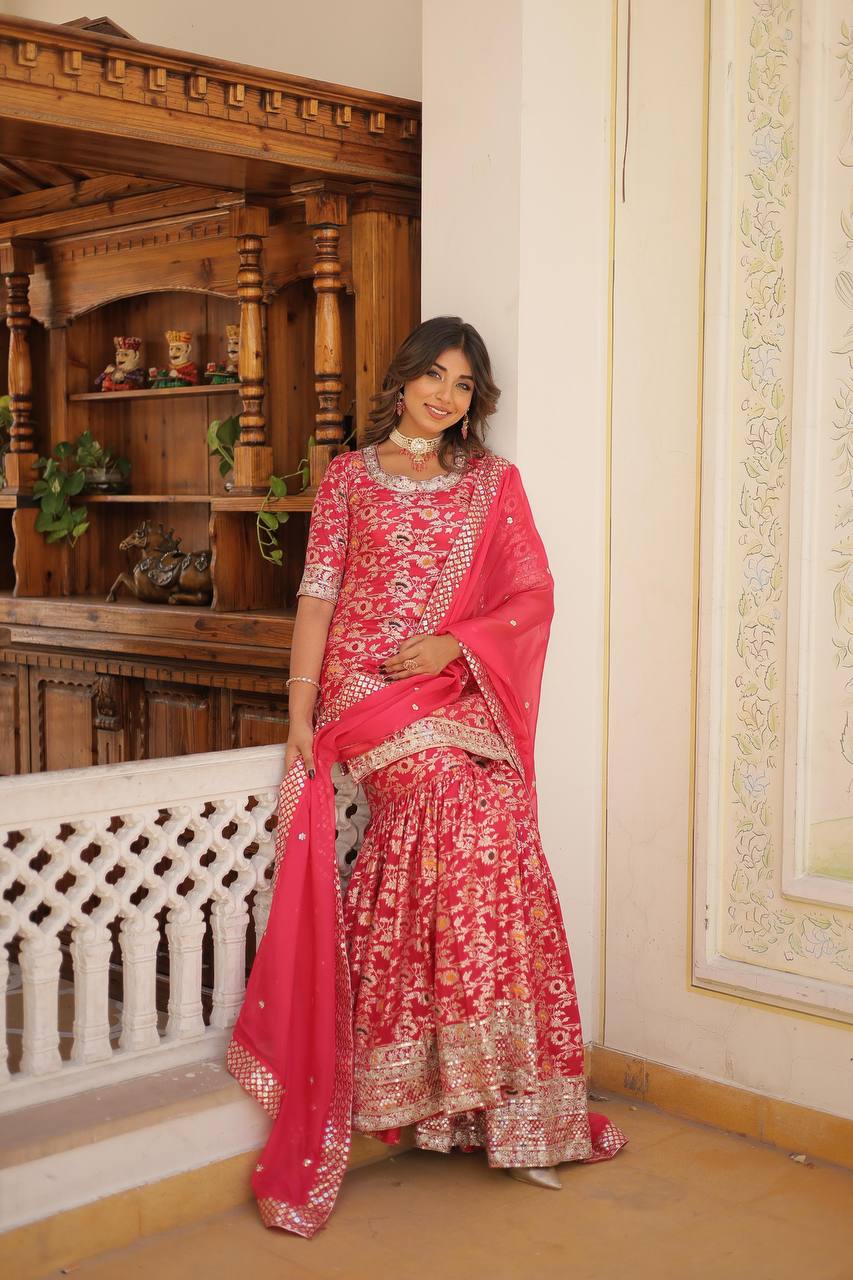 Pink viscose jacquard sequins and zari embroidered sharara Suit Set