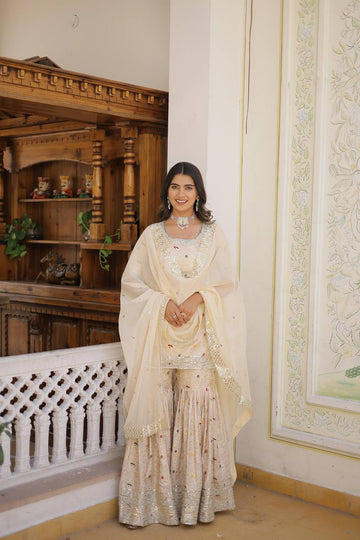 Cream viscose jacquard sequins and zari embroidered sharara Suit Set