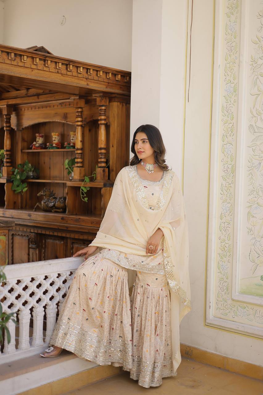 Cream viscose jacquard sequins and zari embroidered sharara Suit Set