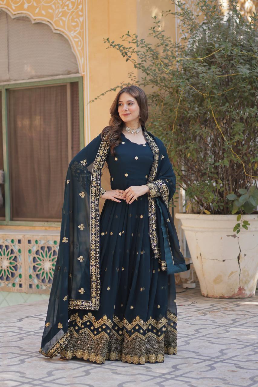 Teal blue georgette gown with zari and sequins embroidery gown