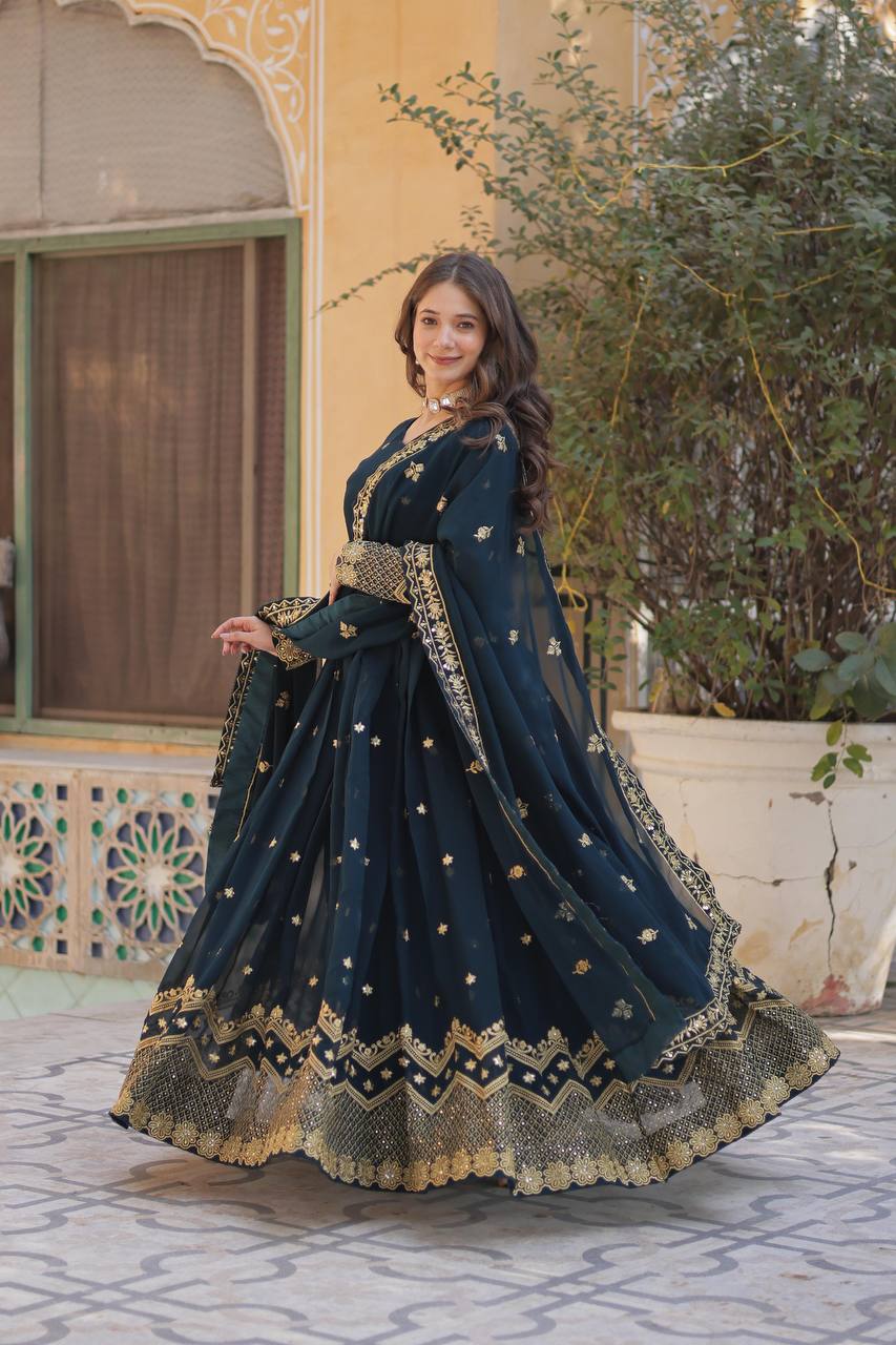Teal blue georgette gown with zari and sequins embroidery gown