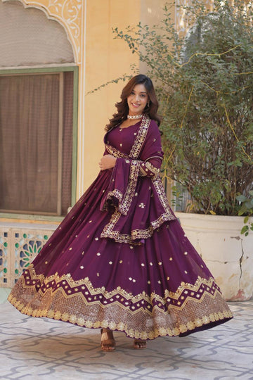 Wine georgette gown with zari and sequins embroidery gown