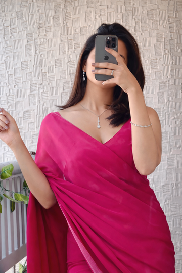 Pink Plain Elegant Design Georgette Ready To Wear Saree With Unstitched Blouse