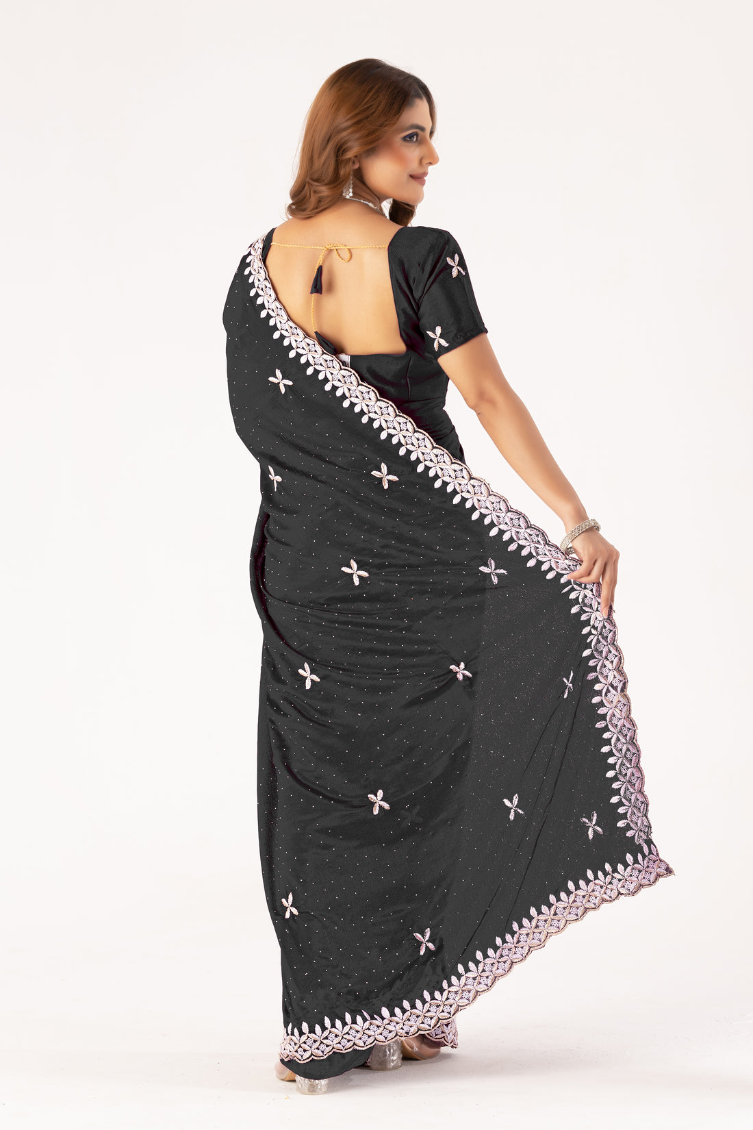 Black Chinon Saree with Intricate Embroidery & Swarovski Work  Elegant Party & Festive Wear