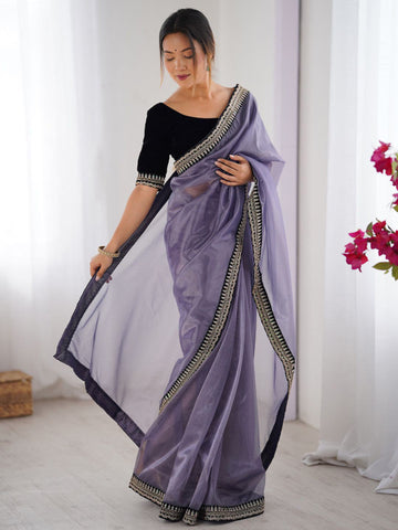 Designer Lavender Tweel Net Silk Party Wear Saree with Unstitched Blouse
