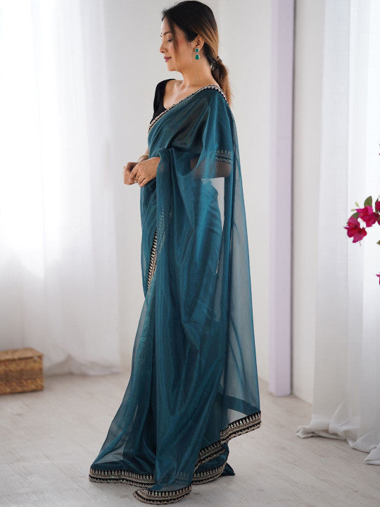 Designer Teal Blue Tweel Net Silk Party Wear Saree with Unstitched Blouse