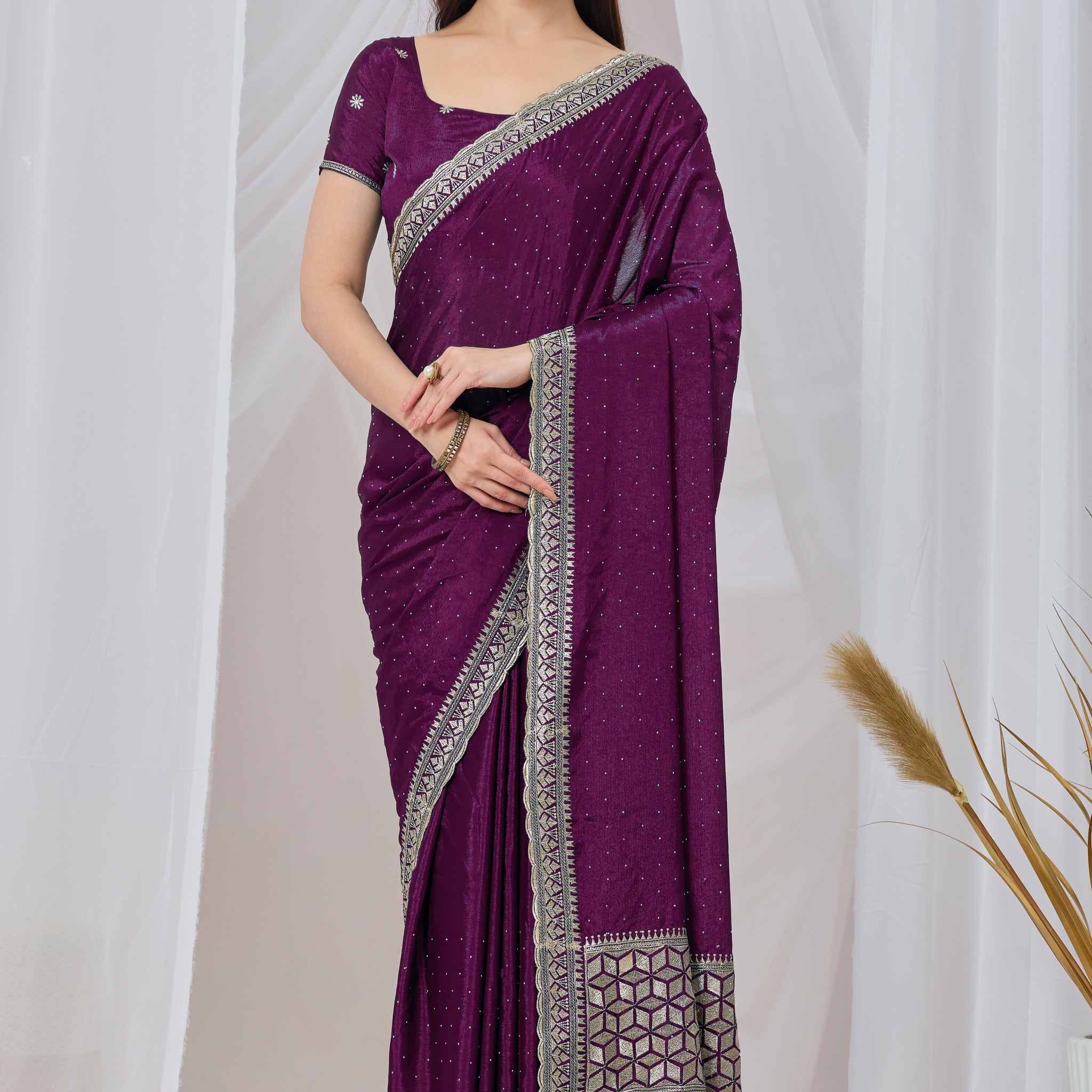 Wine Chinon Silk Saree with Zari Embroidery Work with blouse