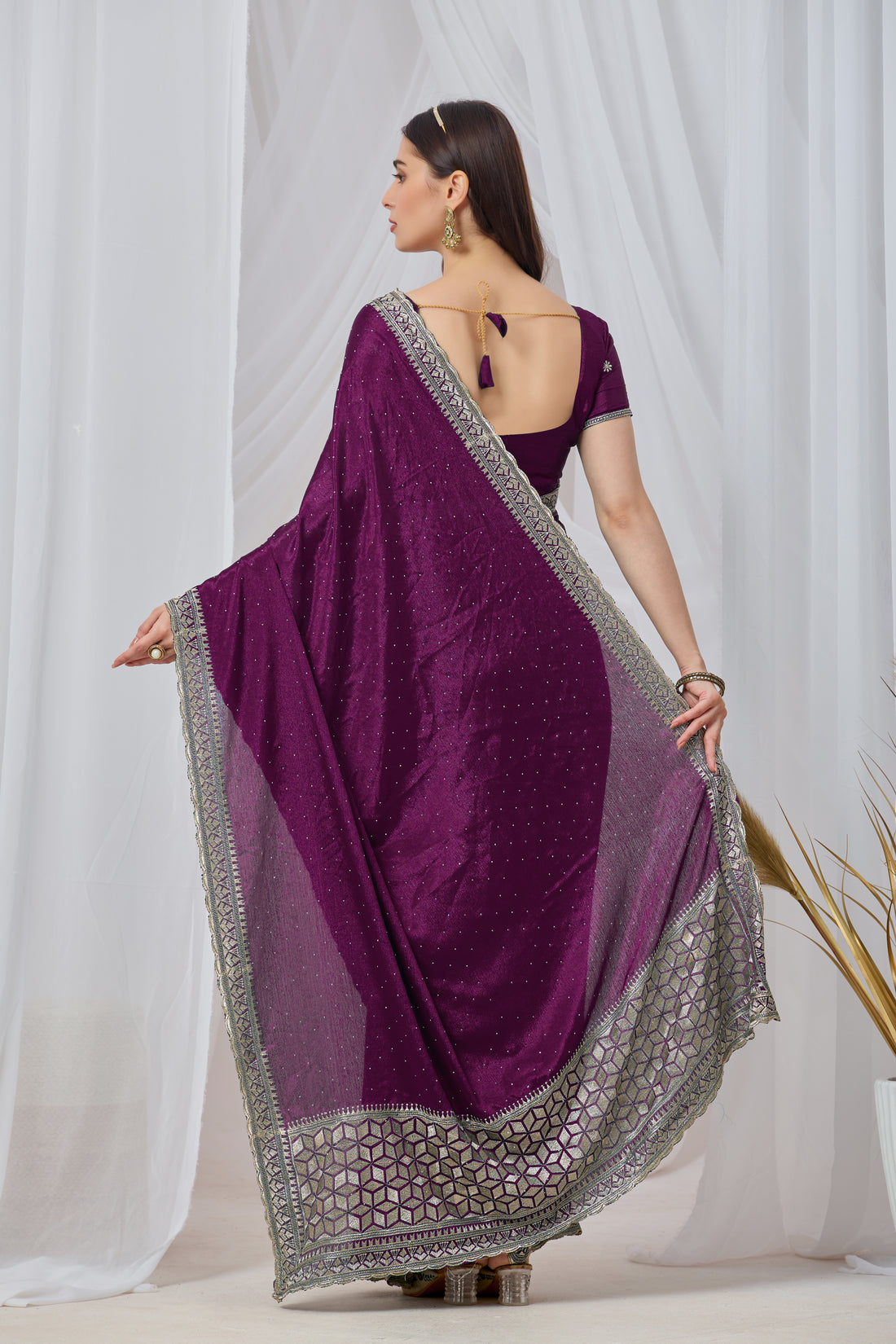 Wine Chinon Silk Saree with Zari Embroidery Work with blouse