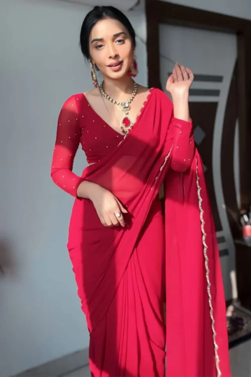 Red Georgette Ready To Wear Saree With Designer Unstitched Blouse