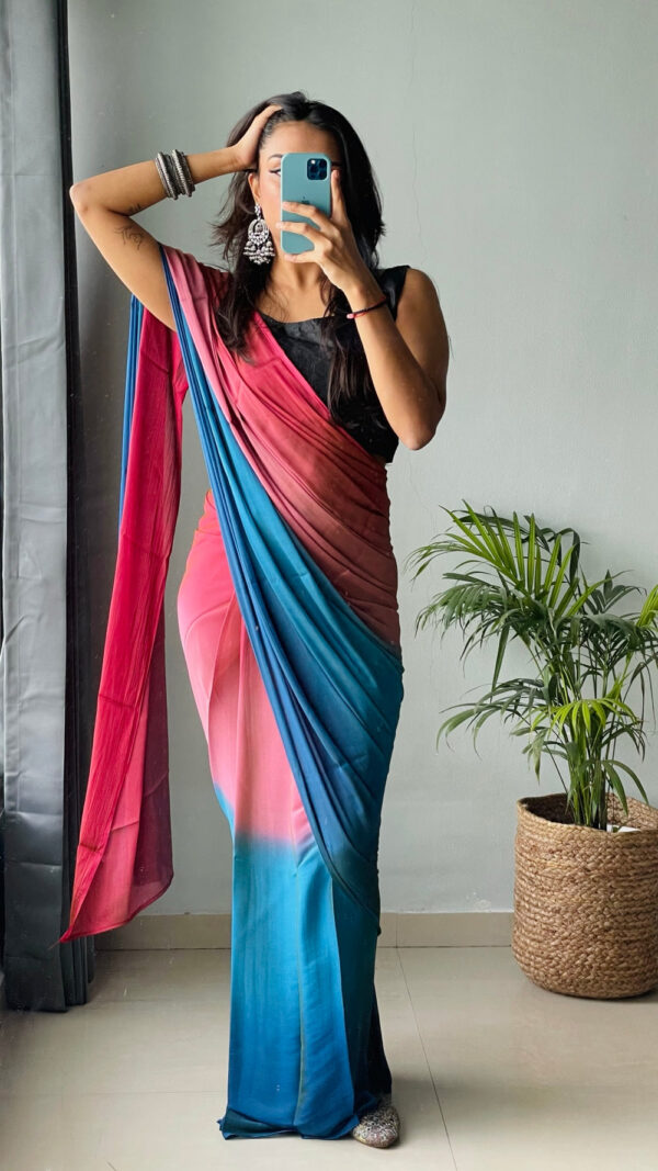 Pink, Teal, And Electric Blue Tones Chiffon Viscose ombre design Ready To Wear Saree With Unstitched Blouse - Image 6