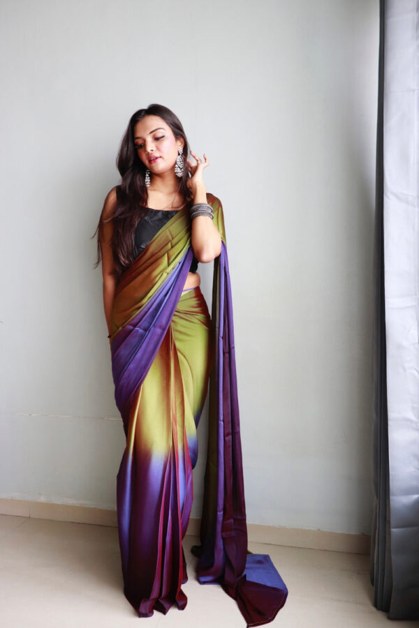 Olive Green, Aubergine Purple, And Maroon Tones Chiffon Viscose ombre design Ready To Wear Saree With Unstitched Blouse - Image 3