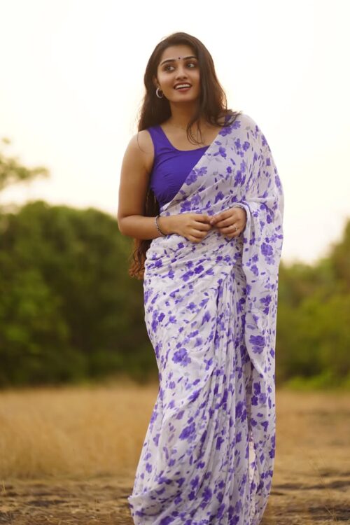 White Colour Georgette Ready To Wear Saree With Unstitched Blouse