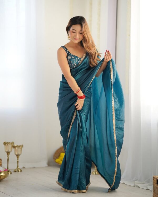 Teal Rama Gold Crush Saree With Golden Border Ready To Wear Saree With Embroidered Blouse Stitched