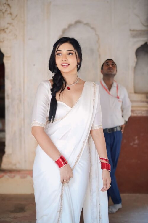 Pure White Rangoli Ivory Lace Embroidery Ready To Wear Saree With Unstitched Blouse