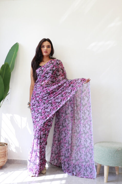 Purple, Pink, And Black Floral Print Georgette Ready To Wear Saree With Unstitched Blouse
