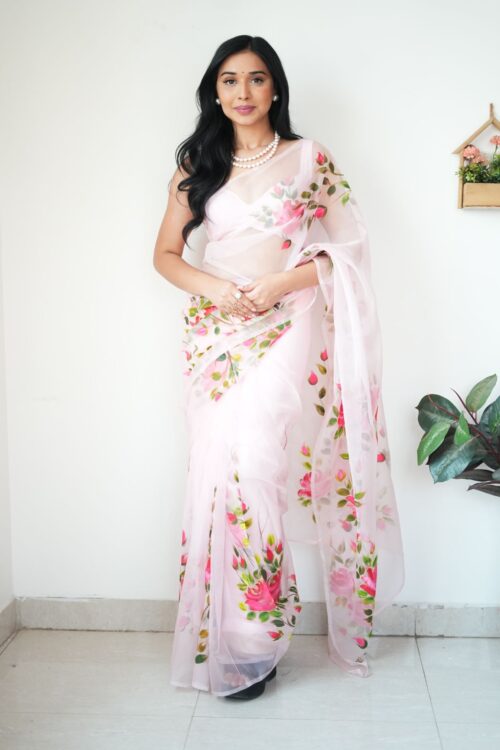 Baby Pink And Hand-painted Style Floral Prints Organza Ready To Wear Saree With Unstitched Blous