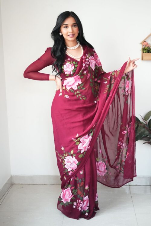 Maroon And Hand-painted-style Floral Prints Organza Ready To Wear Saree With Unstitched Blous