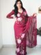 Maroon And Hand-painted-style Floral Prints Organza Ready To Wear Saree With Unstitched Blous