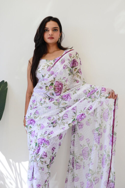 White And Light Purple Floral Prints With A Subtle Polka Dot Base Georgette Ready To Wear Saree With Unstitched Blouse