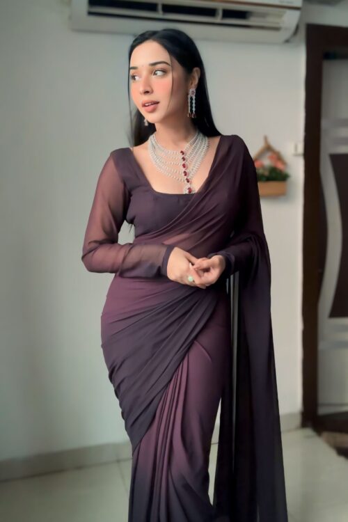 Wine-purple Shade Plain Elegant Design Georgette Ready To Wear Saree With Unstitched Blouse