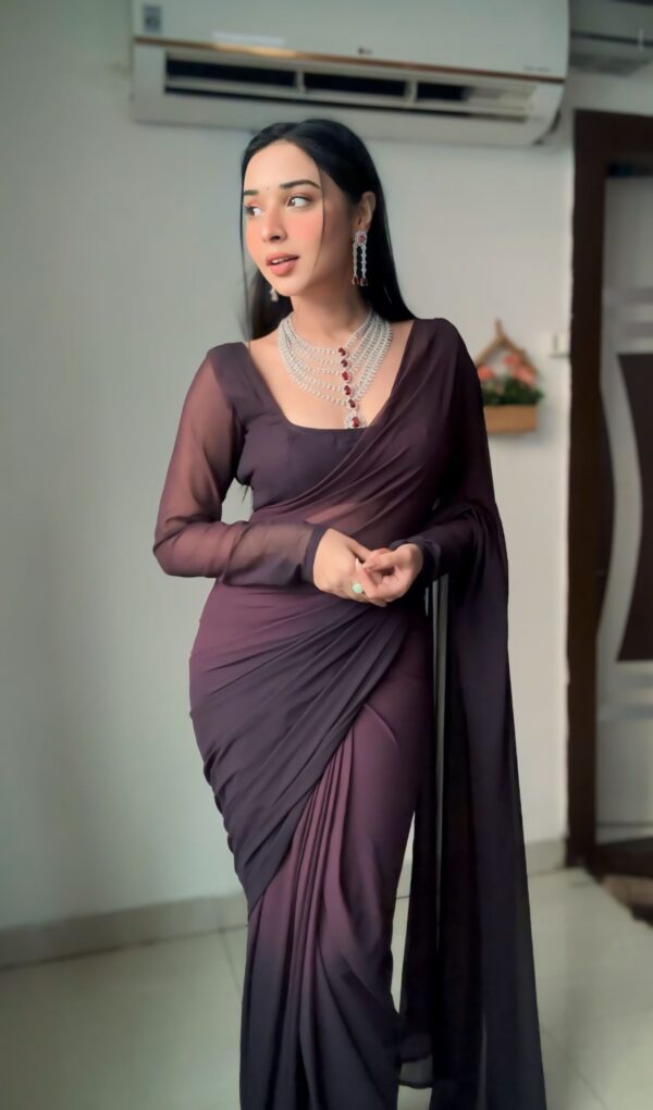 Wine-purple Shade Plain Elegant Design Georgette Ready To Wear Saree With Unstitched Blouse