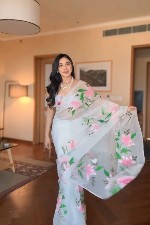 White Shade And Floral Print In Pink And Green Tones Organza Ready To Wear Saree With Unstitched Blous