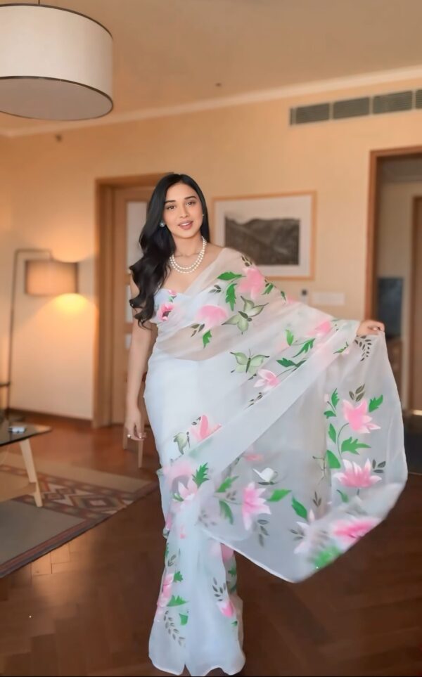 White Shade And Floral Print In Pink And Green Tones Organza Ready To Wear Saree With Unstitched Blous