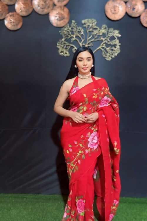 Red Color And Large Pink Floral Prints Georgette Ready To Wear Saree With Unstitched Blouse