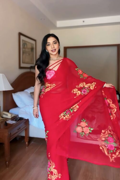 Red Color And Large Pink Floral Prints Georgette Ready To Wear Saree With Unstitched Blouse