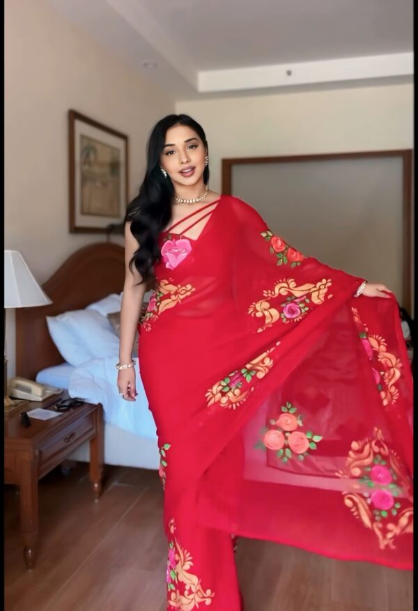 Red Color And Large Pink Floral Prints Georgette Ready To Wear Saree With Unstitched Blouse