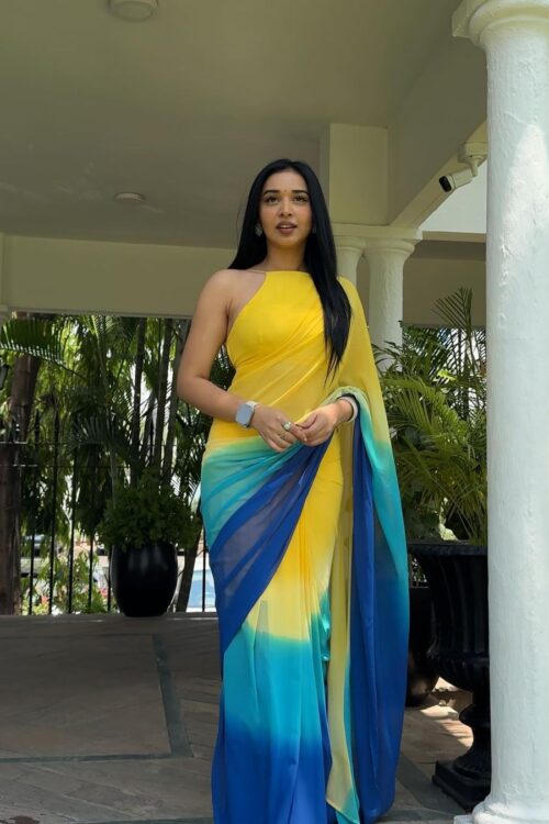Yellow, Green, And Blue Shades Ombre Gradient Georgette Ready To Wear Saree With Unstitched Blouse