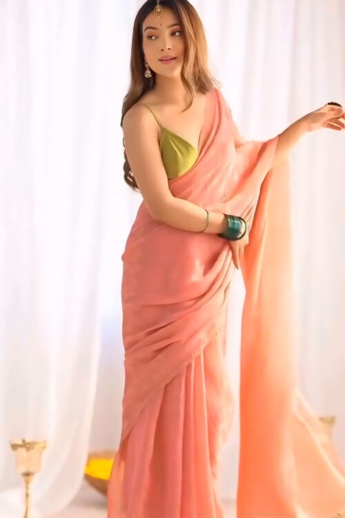 Peach Color Solid Fendy  Ready To Wear Saree With Unstitched Blouse