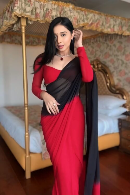 Red Black Ombre Effect Georgette Ready To Wear Saree With Unstitched Blouse