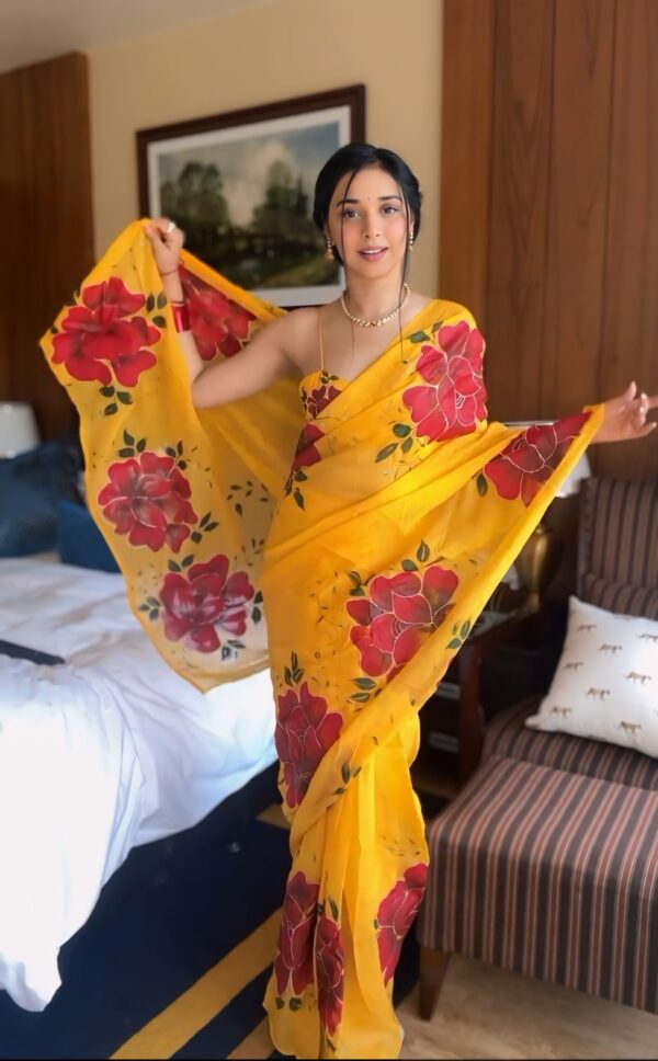 Yellow Color, Featuring Bold Red Floral Prints  Georgette Ready To Wear Saree With Unstitched Blouse