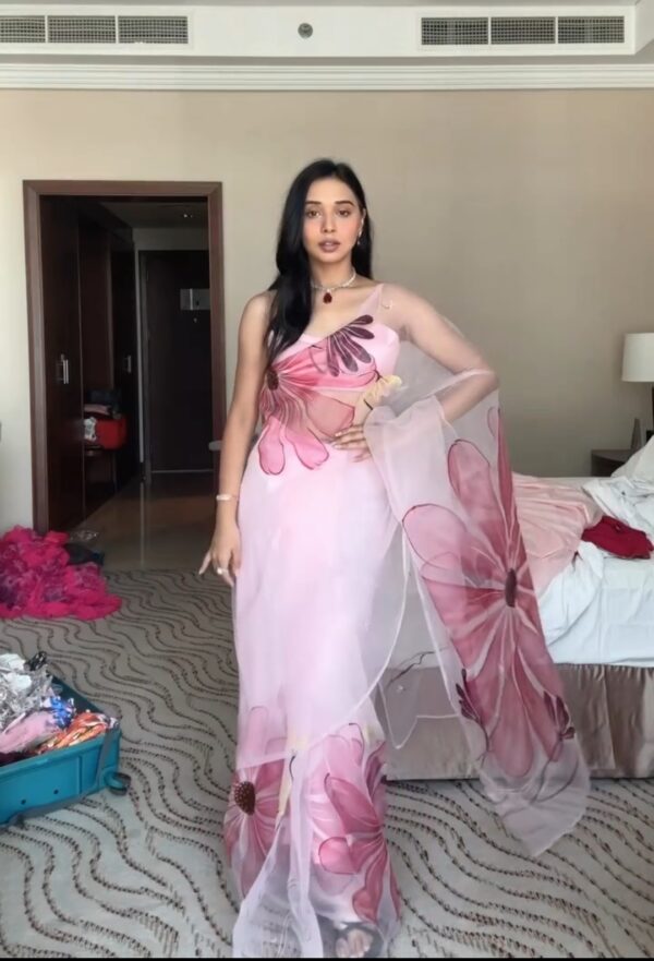 Pastel Pink Shade Hand-painted Floral Prints Organza Ready To Wear Saree With Unstitched Blouse
