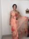 Peach Shade Hand-painted Floral Prints Organza Ready To Wear Saree With Unstitched Blouse