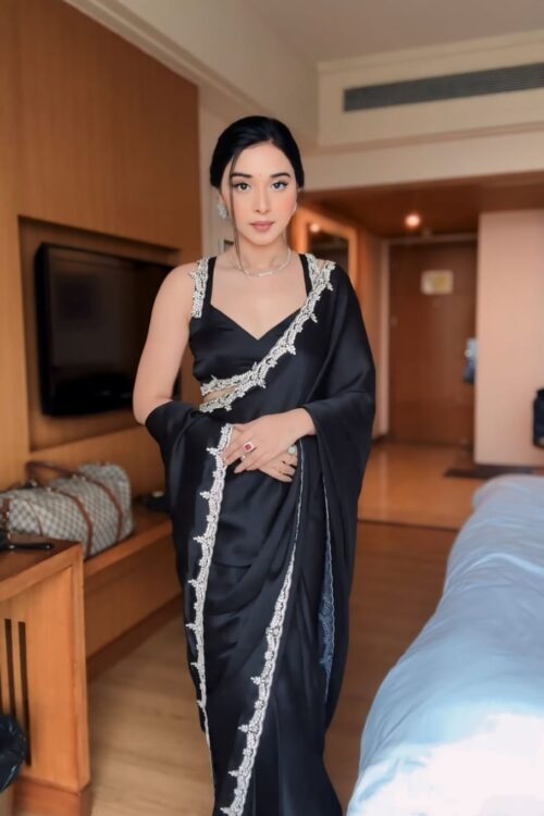 Pure Black Rangoli Ivory Lace Embroidery Ready To Wear Saree With Unstitched Blouse