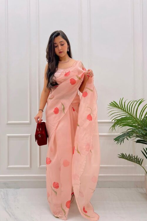 Peach Organza Saree With Red Floral Prints Ready To Wear Saree With Unstitched Blouse